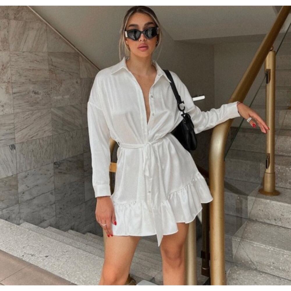 Zara Oyster White Satin Effect Ruffle Mini Dress Belted XS